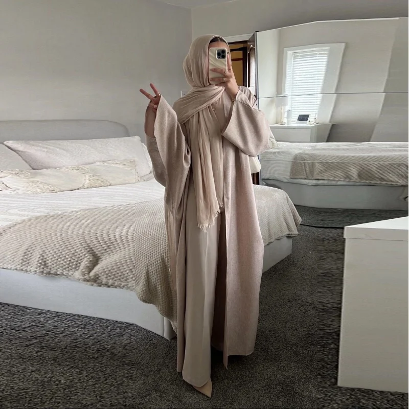 Abayas ouvertes en lin pour femmes, robe de prière, tenue caftan, cadeau islamique - image de produit 1